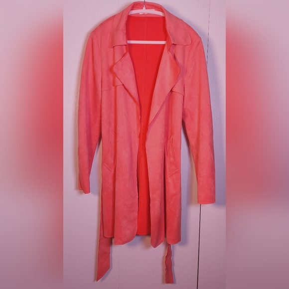 Solitaire Faux Suede Belted Trench Coat Size Large Waterfall Lapel Jacket Duster - Picture 16 of 16